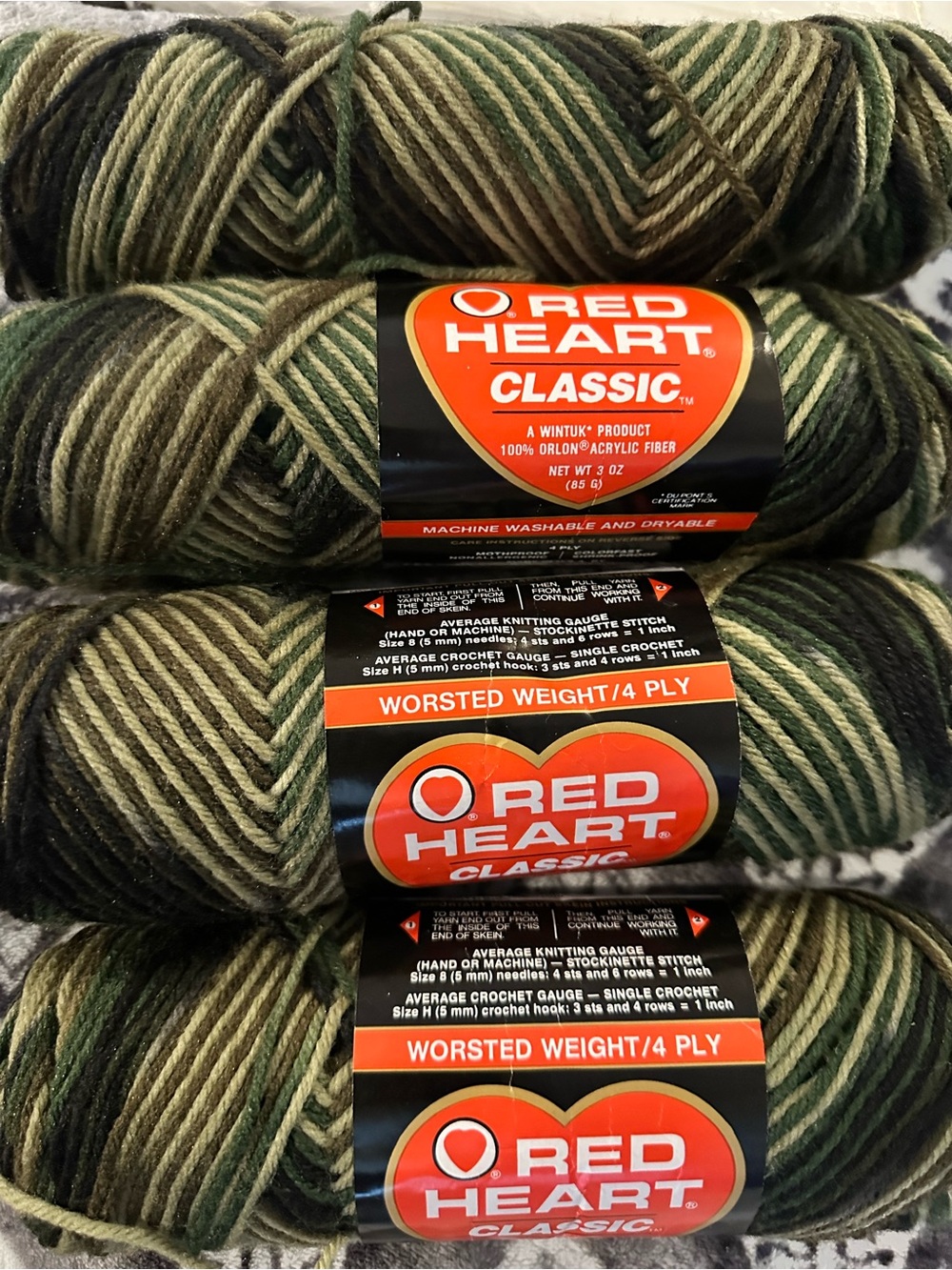 Red Heart Classic Vintage Yarn, 4 Skeins, 3 Same Dye Lot Camouflage Color